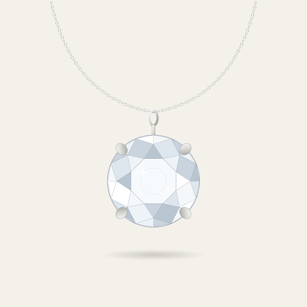 Illustration of the solitaire pendant setting in white gold or platinum, four-claw head on a chain