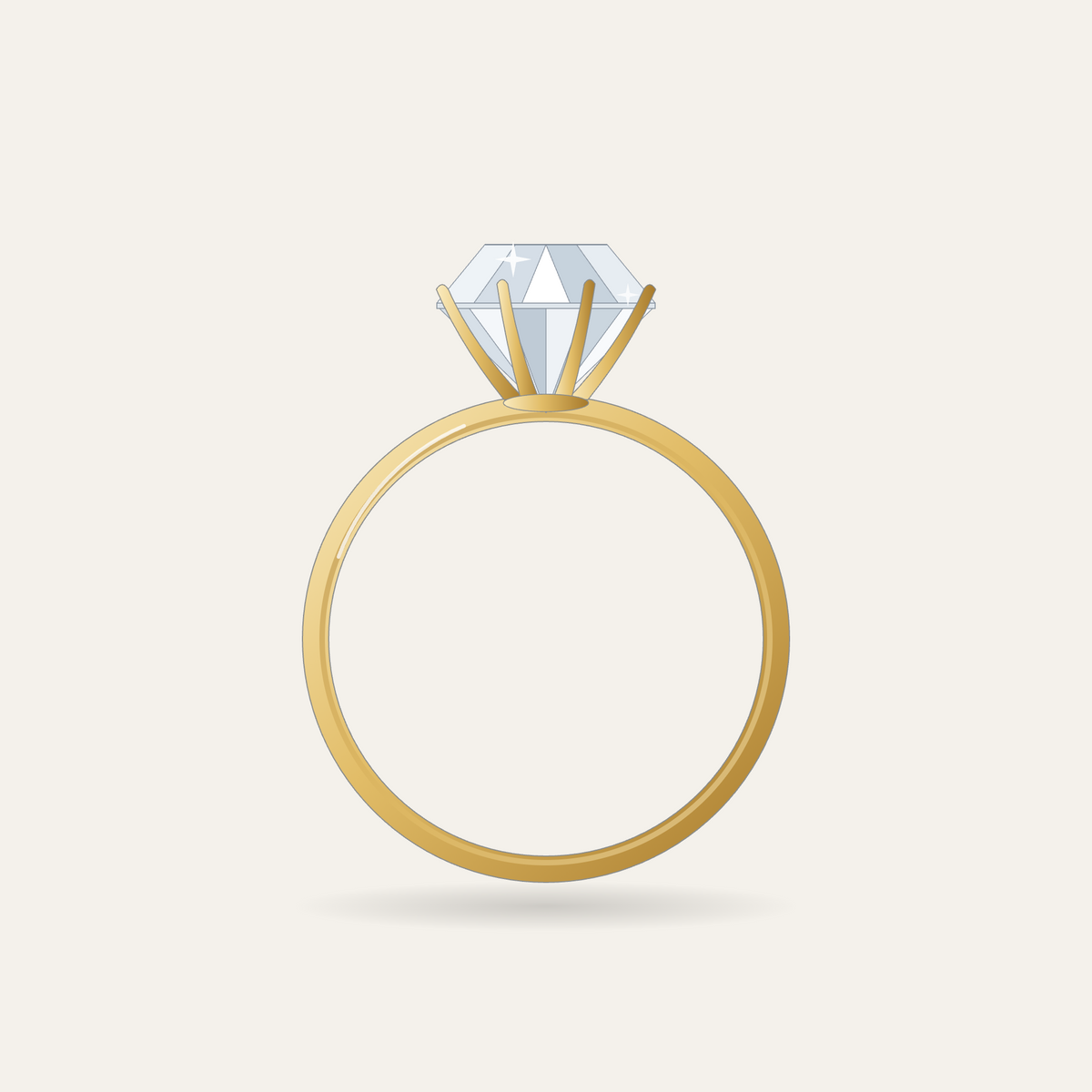 Illustration of the solitaire ring setting in yellow gold, four-claw head