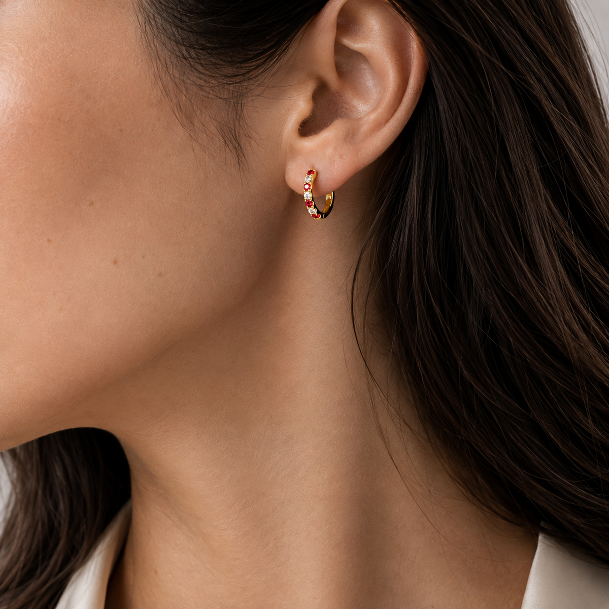 Stacy Ruby & Diamond Huggie Hoop Earrings in Gold