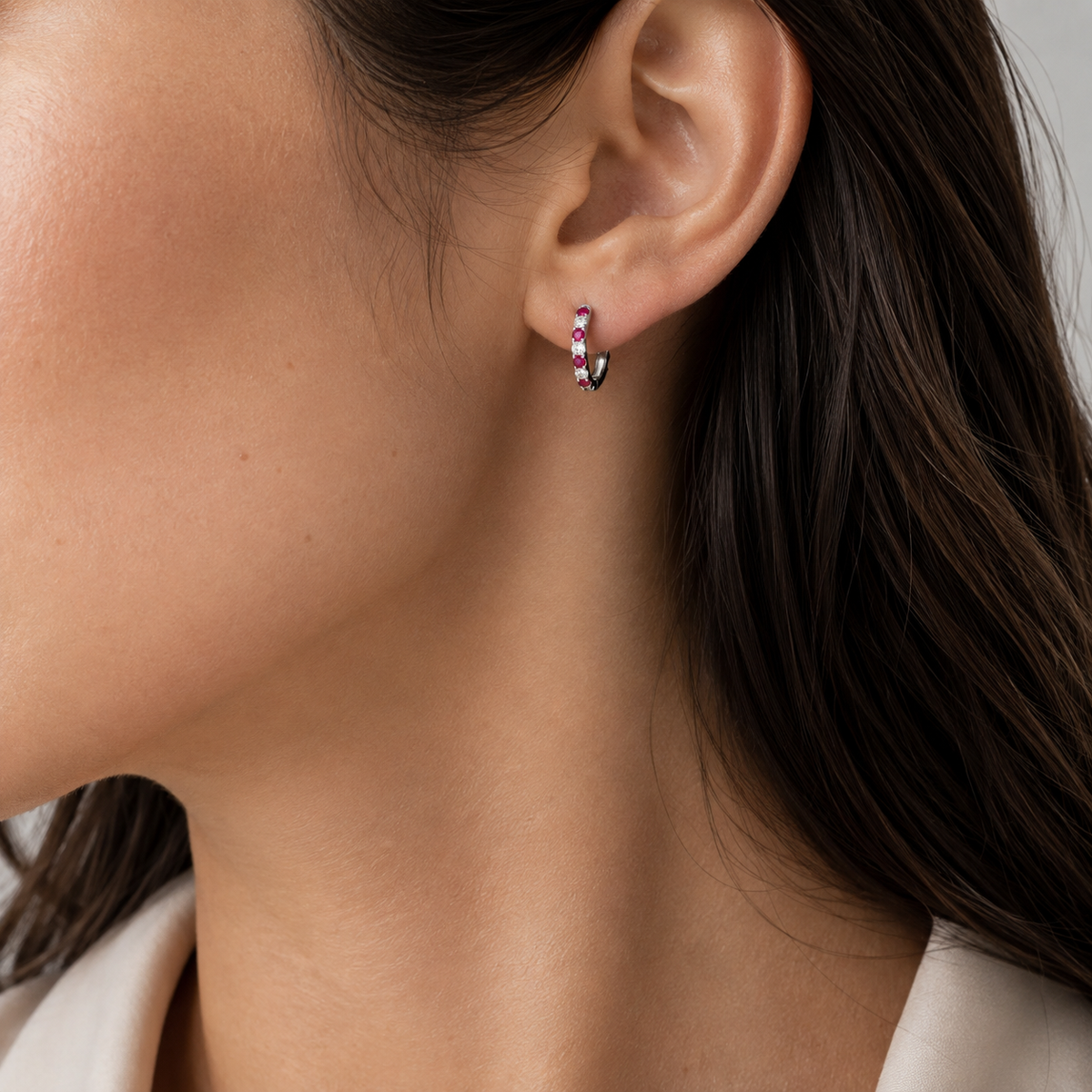 Stacy Ruby & Diamond Huggie Hoop Earrings in White Gold