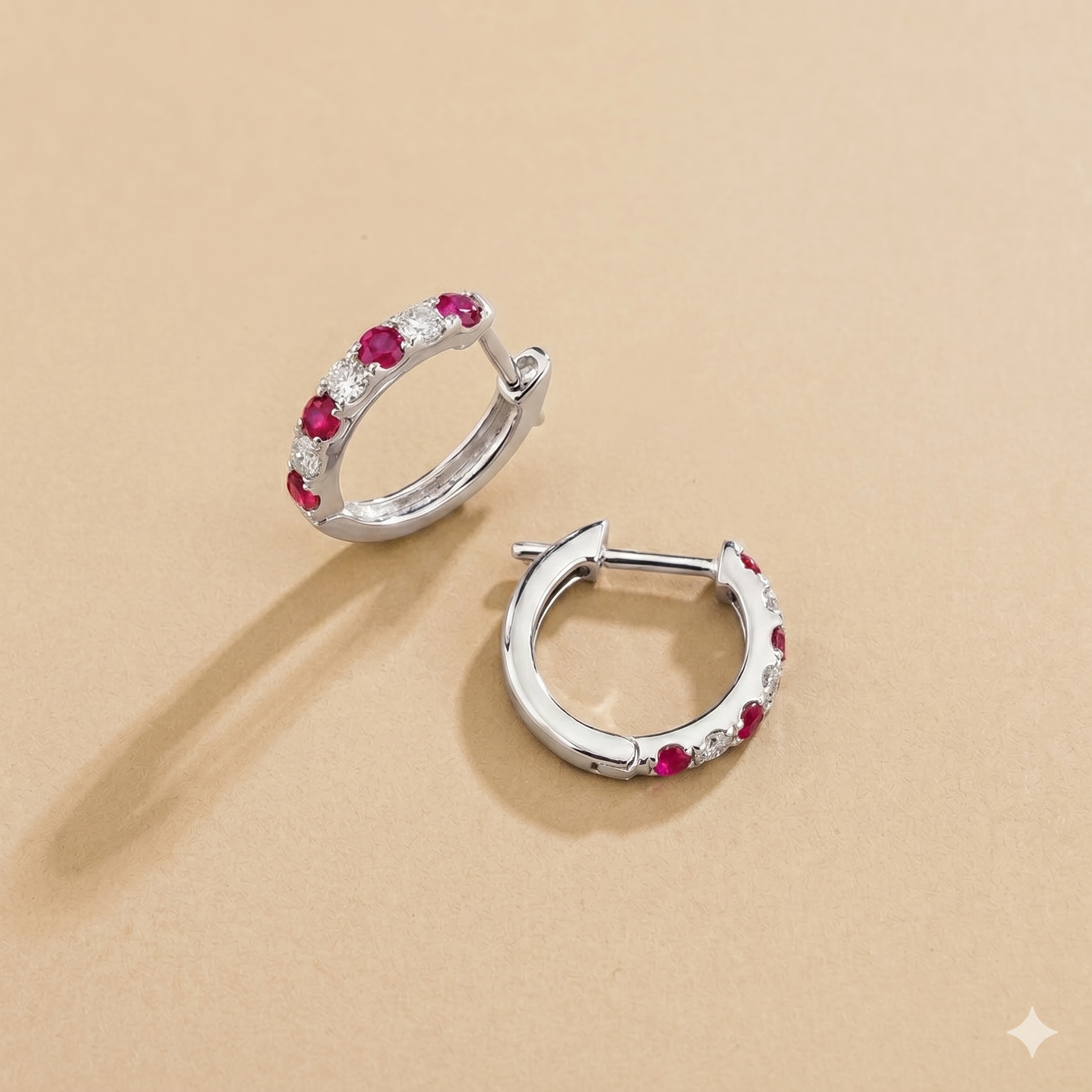 Stacy Vivid Pink Sapphire & Diamond Huggie Hoop Earrings in White Gold
