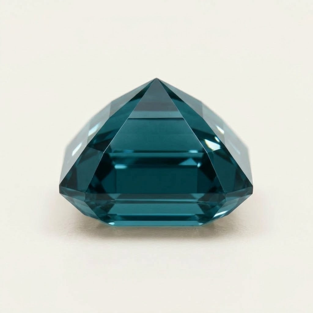 Teal lab-grown sapphire, Asscher cut, side view