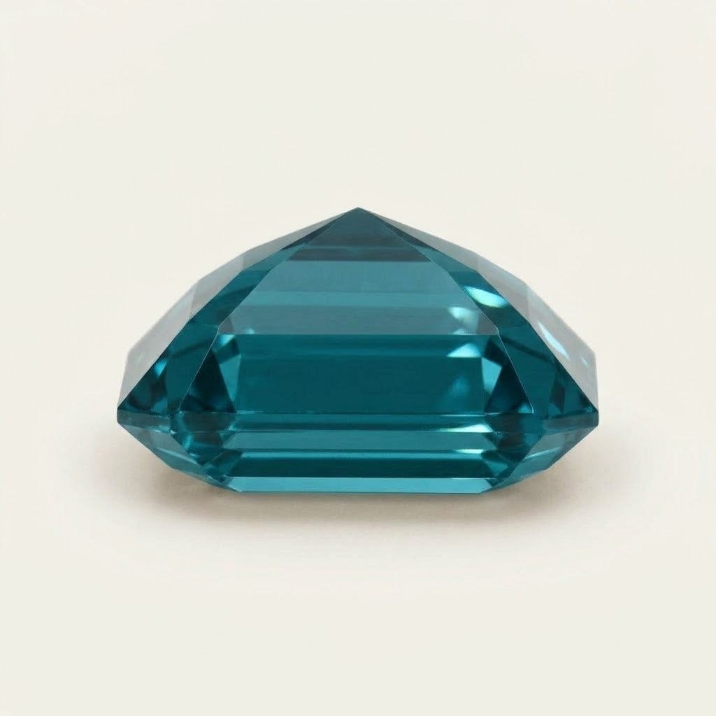 Teal lab-grown sapphire, emerald cut, side view