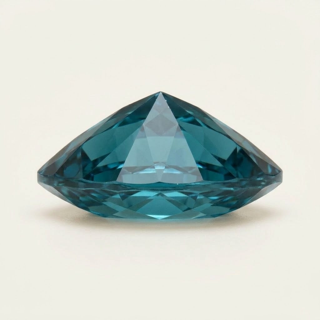 Teal lab-grown sapphire, marquise cut, side view