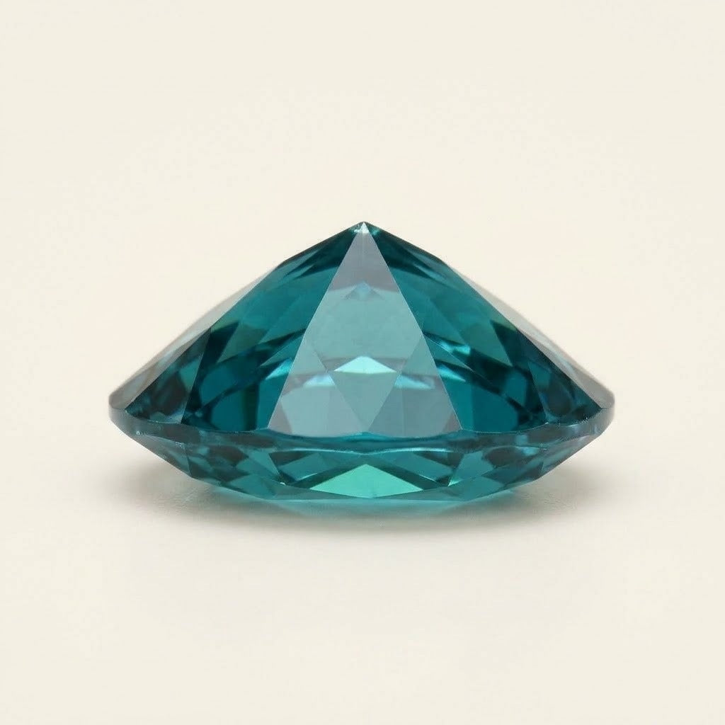 Teal lab-grown sapphire, pear cut, side view