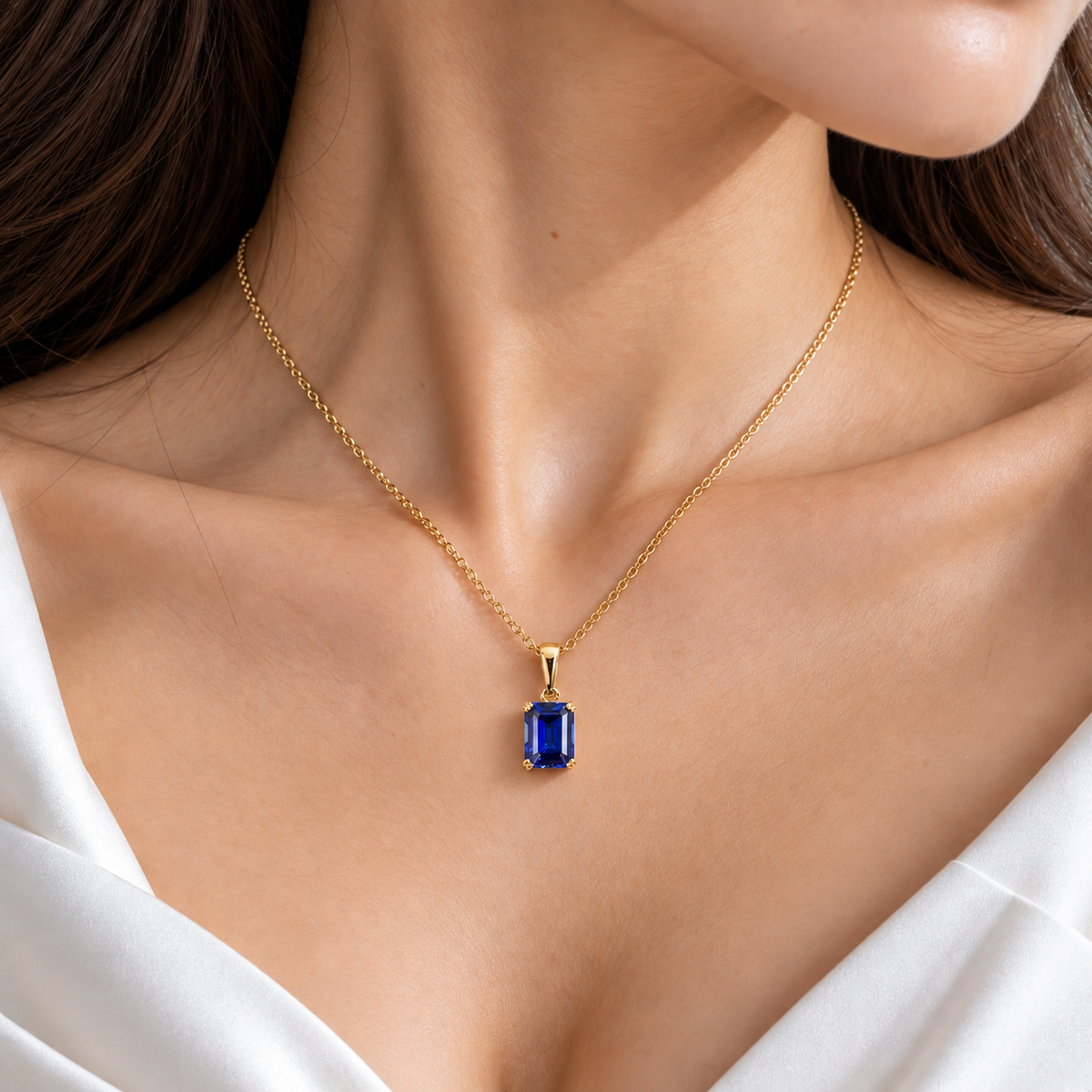 Thamani Blue Sapphire Emerald-Cut Solitaire Pendant Necklace in Gold