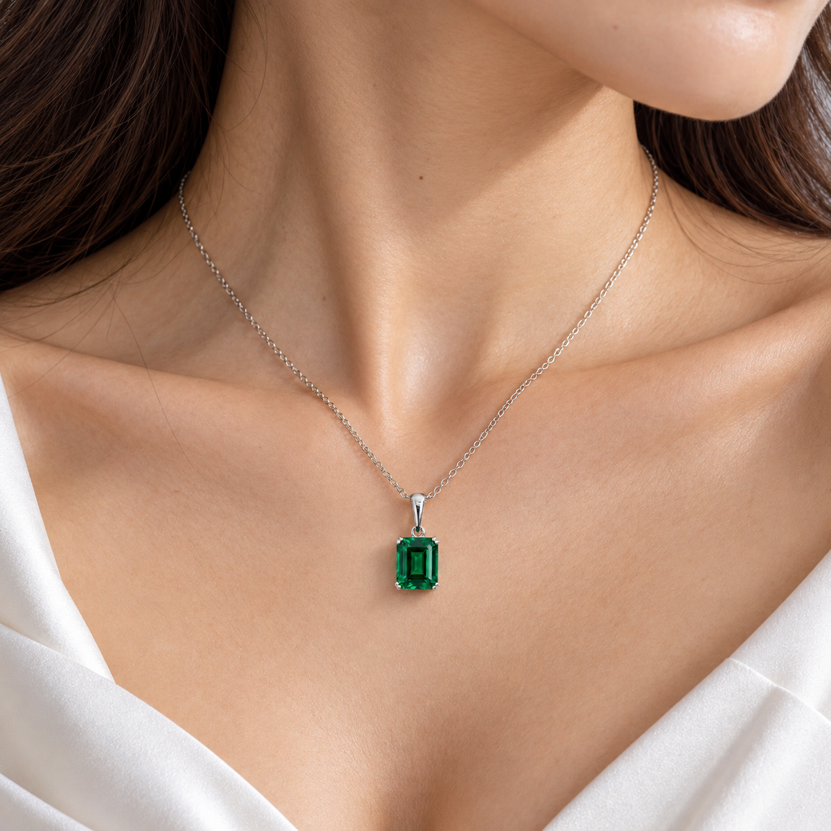 Thamani Emerald Emerald-Cut Solitaire Pendant Necklace in White Gold