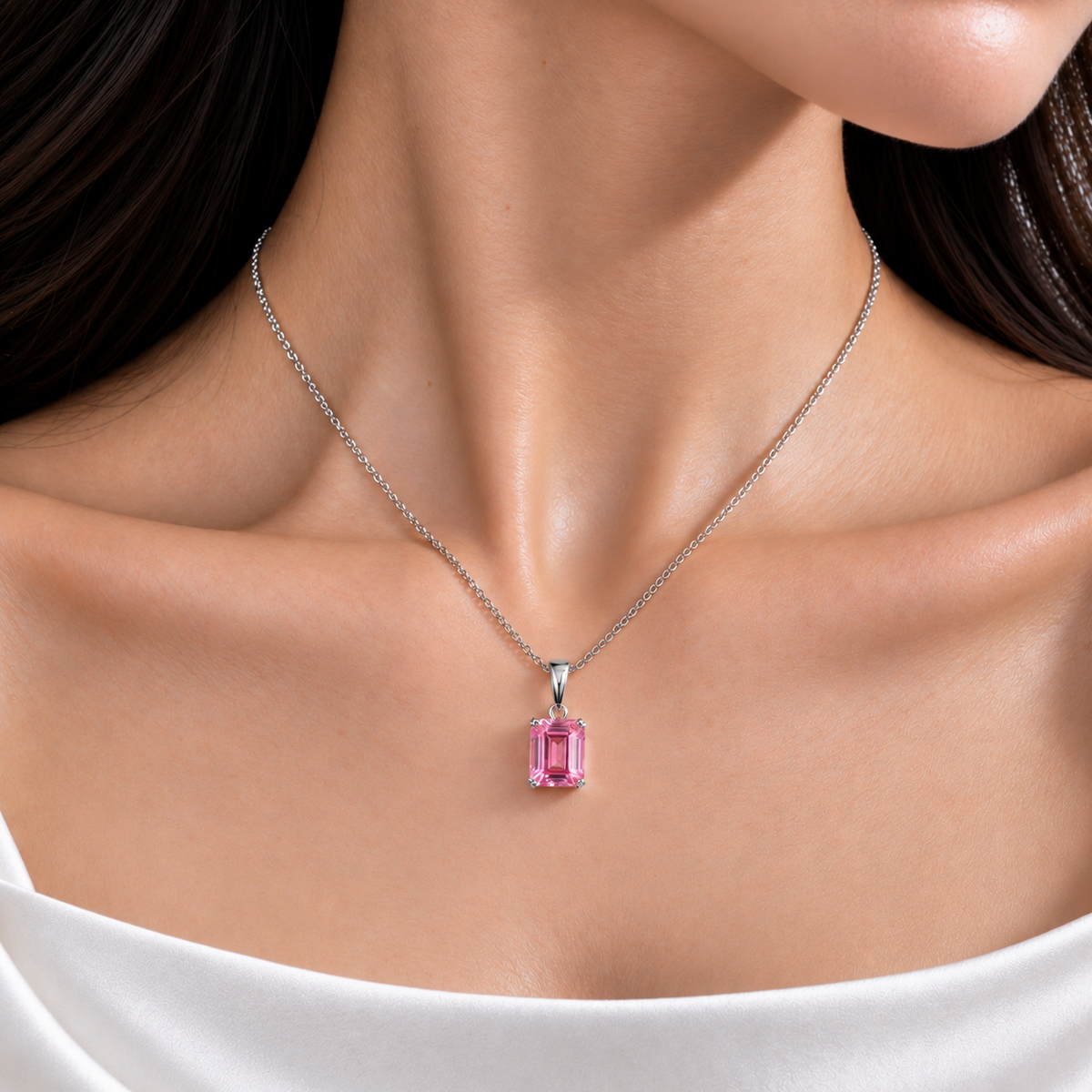 Thamani Pink Sapphire Emerald-Cut Solitaire Pendant Necklace in White Gold