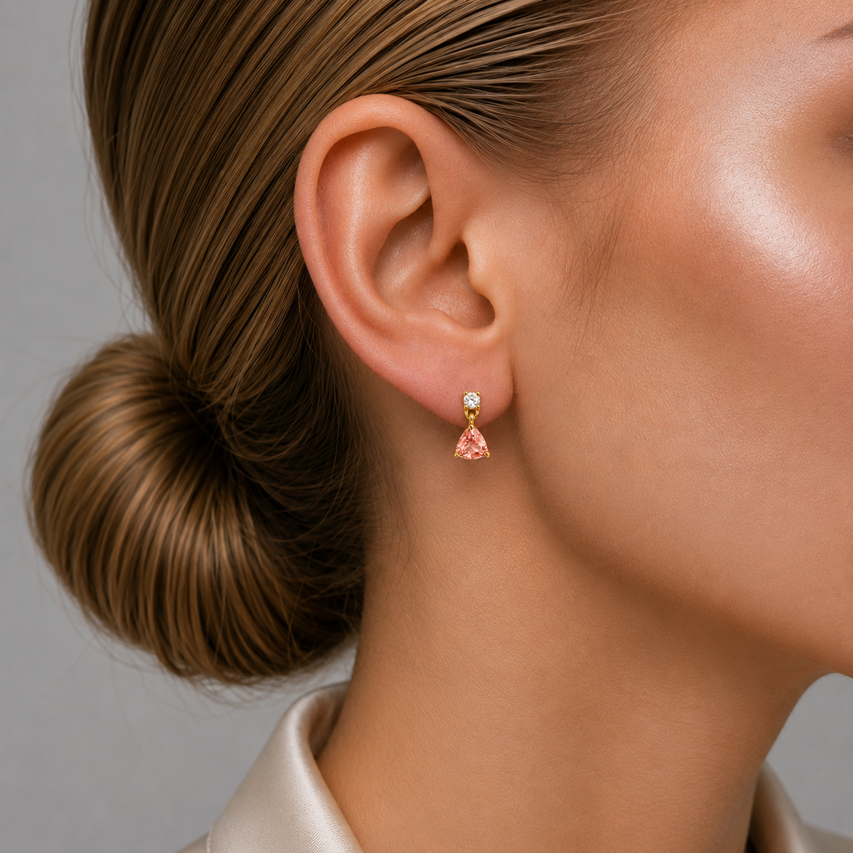 Trillion Padparadscha Sapphire & Diamond Drop Earrings in Gold