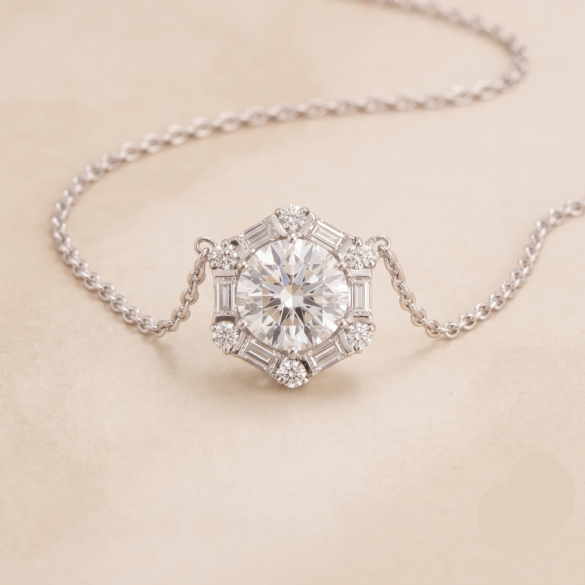 Hexagon halo lab-grown diamond pendant necklace, Melba design in white gold | Juvetti London
