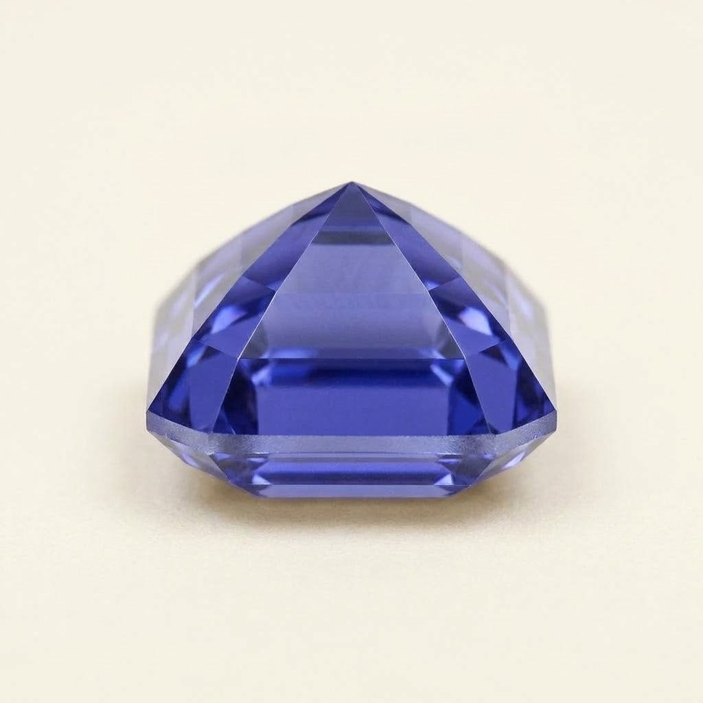 Violet-blue lab-grown sapphire, Asscher cut, side view