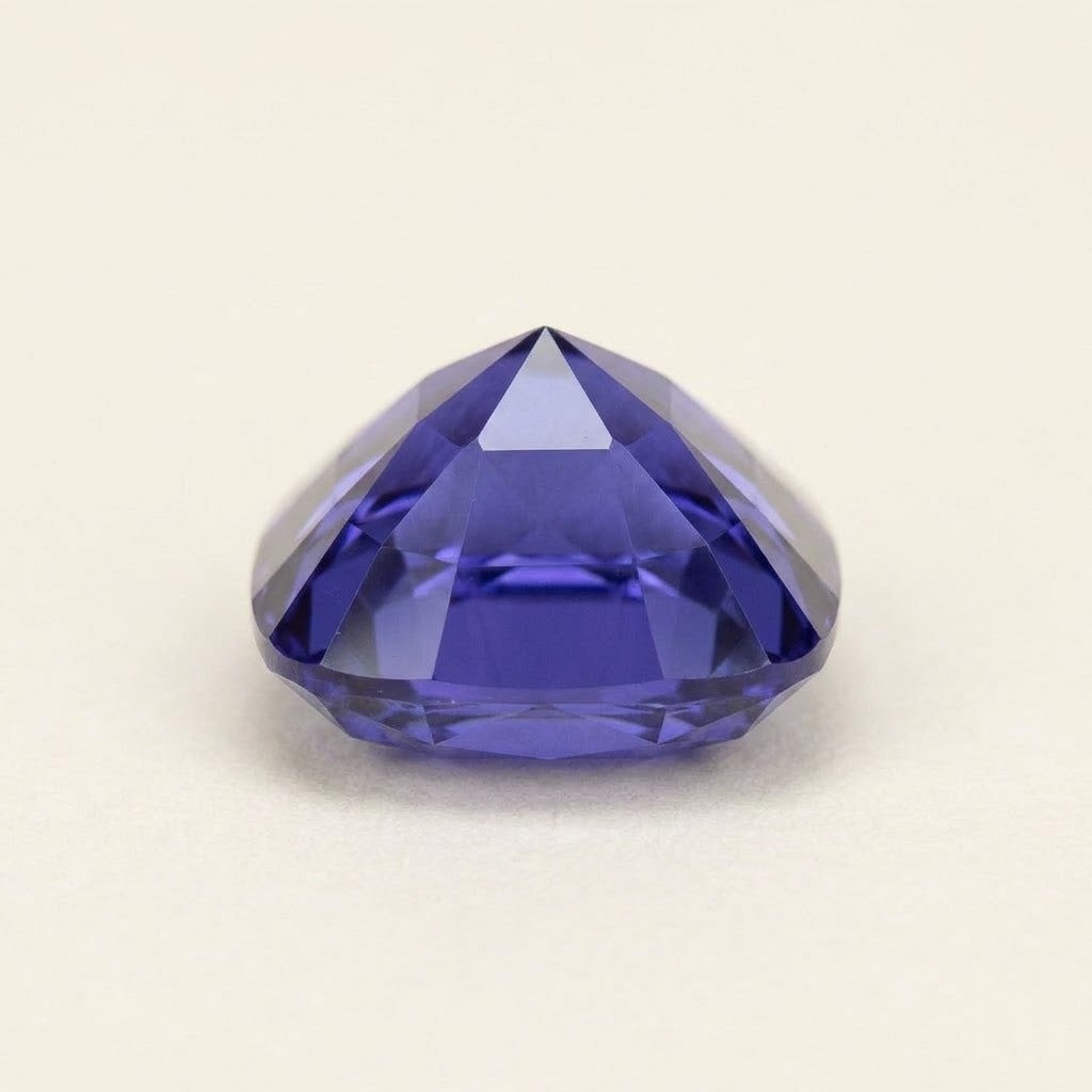 Violet-blue lab-grown sapphire, cushion cut, side view