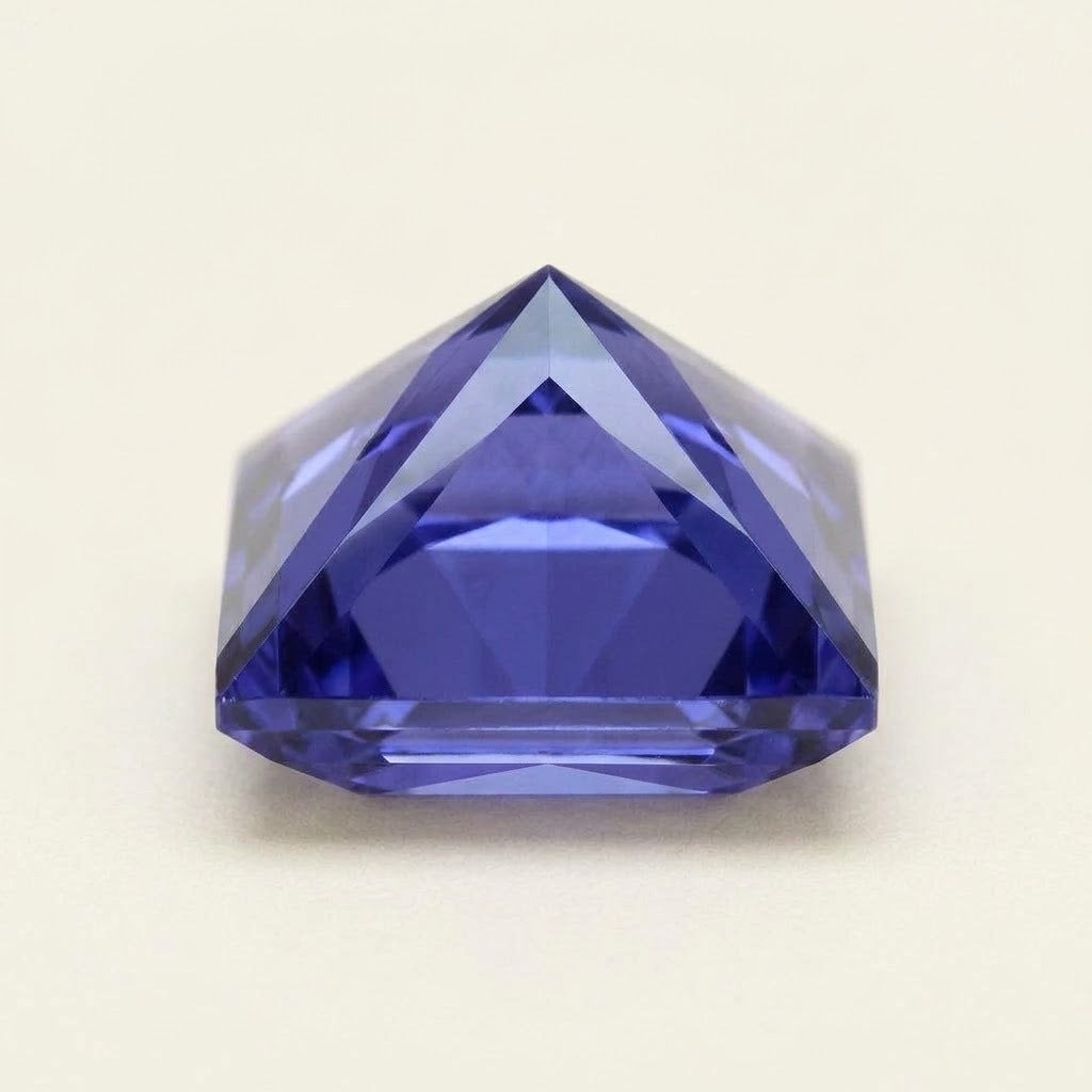 Violet-blue lab-grown sapphire, princess cut, side view