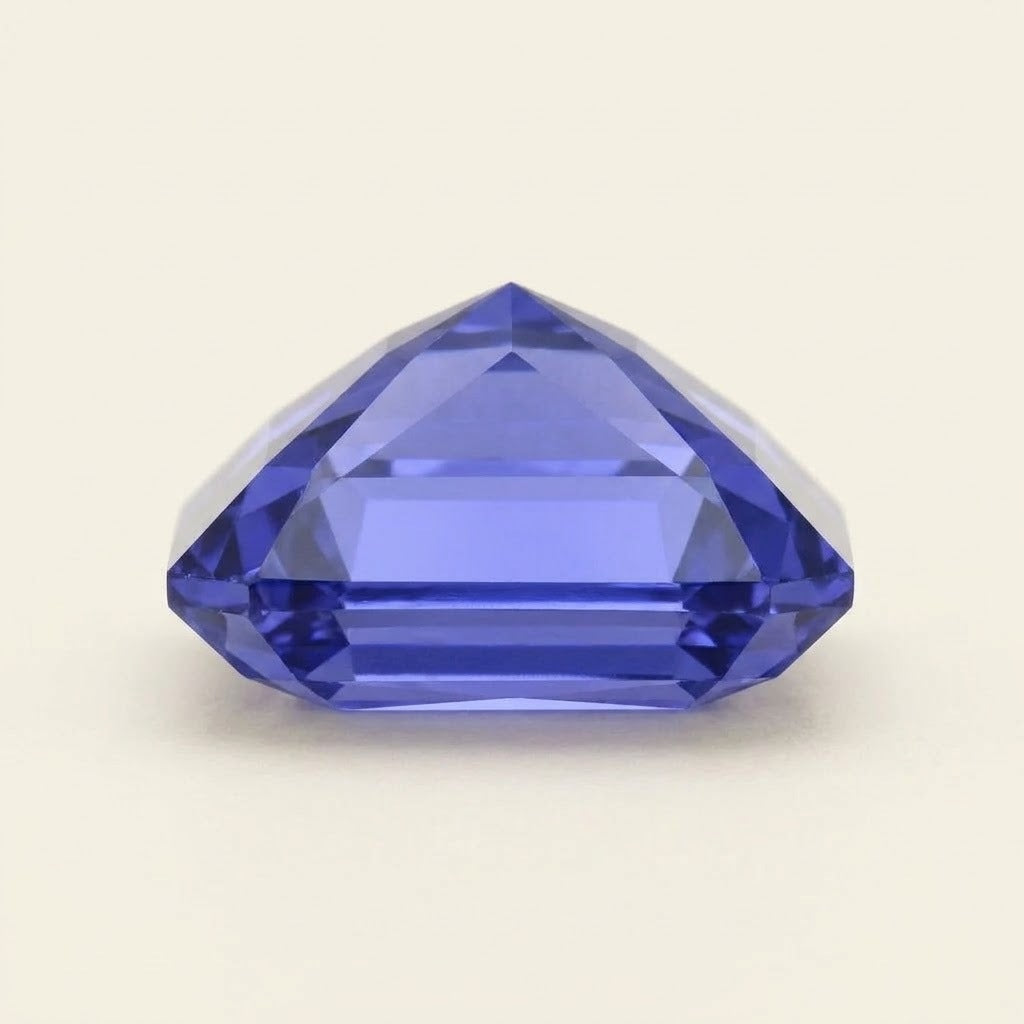 Violet-blue lab-grown sapphire, radiant cut, side view