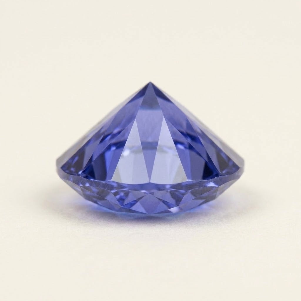 Violet-blue lab-grown sapphire, round cut, side view