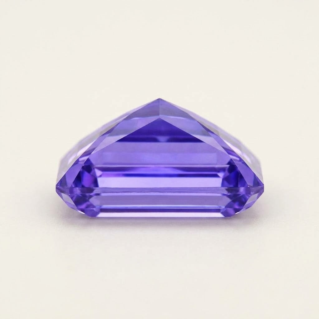 Violet lab-grown sapphire, baguette cut, side view