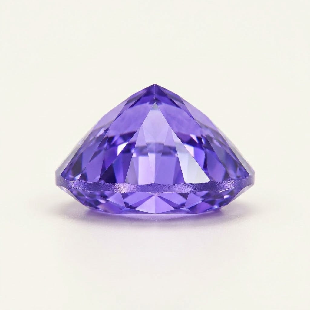 Violet lab-grown sapphire, heart cut, side view