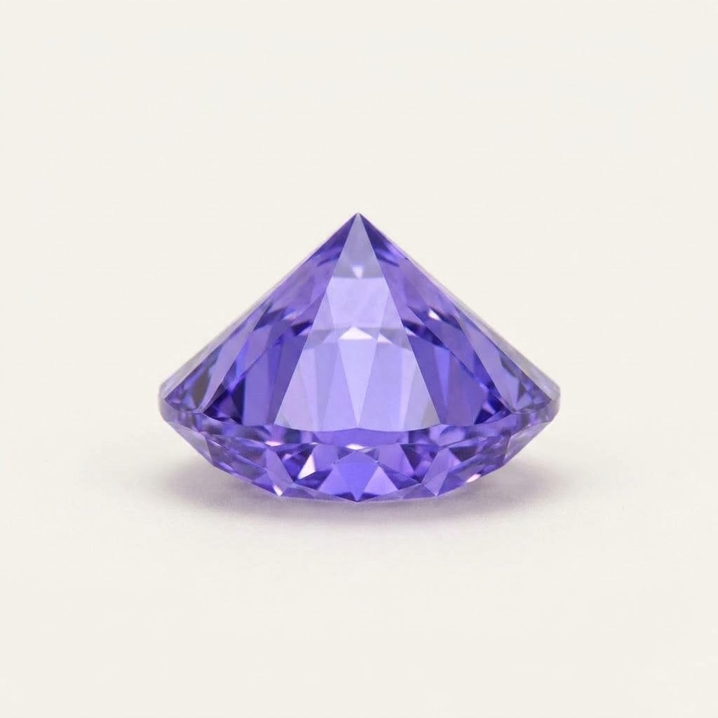 Violet lab-grown sapphire, round cut, side view