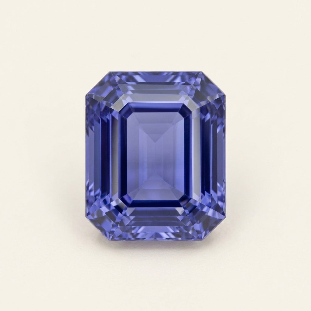 Violet-blue lab-grown sapphire, emerald cut