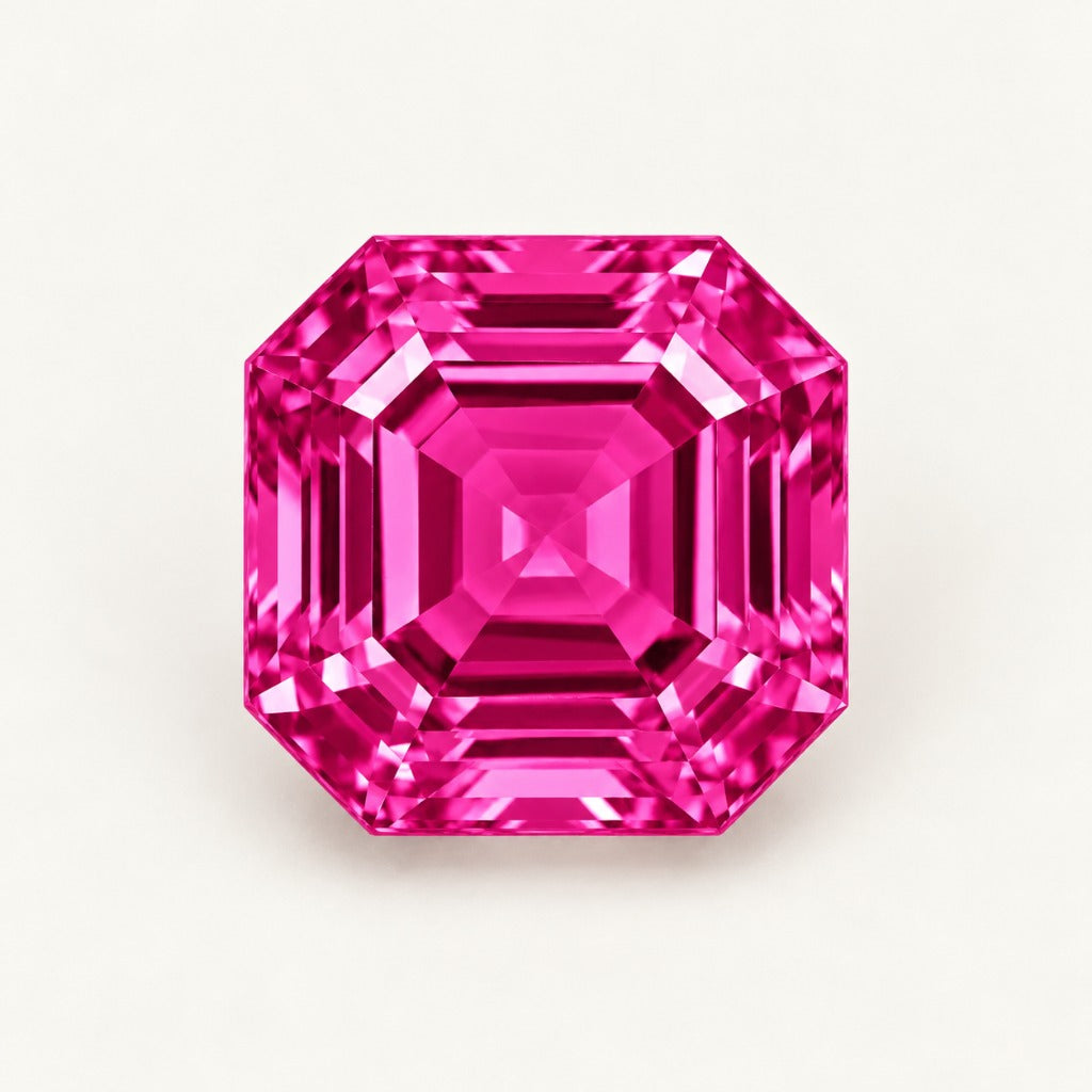 Vivid hot pink lab-grown sapphire, asscher cut