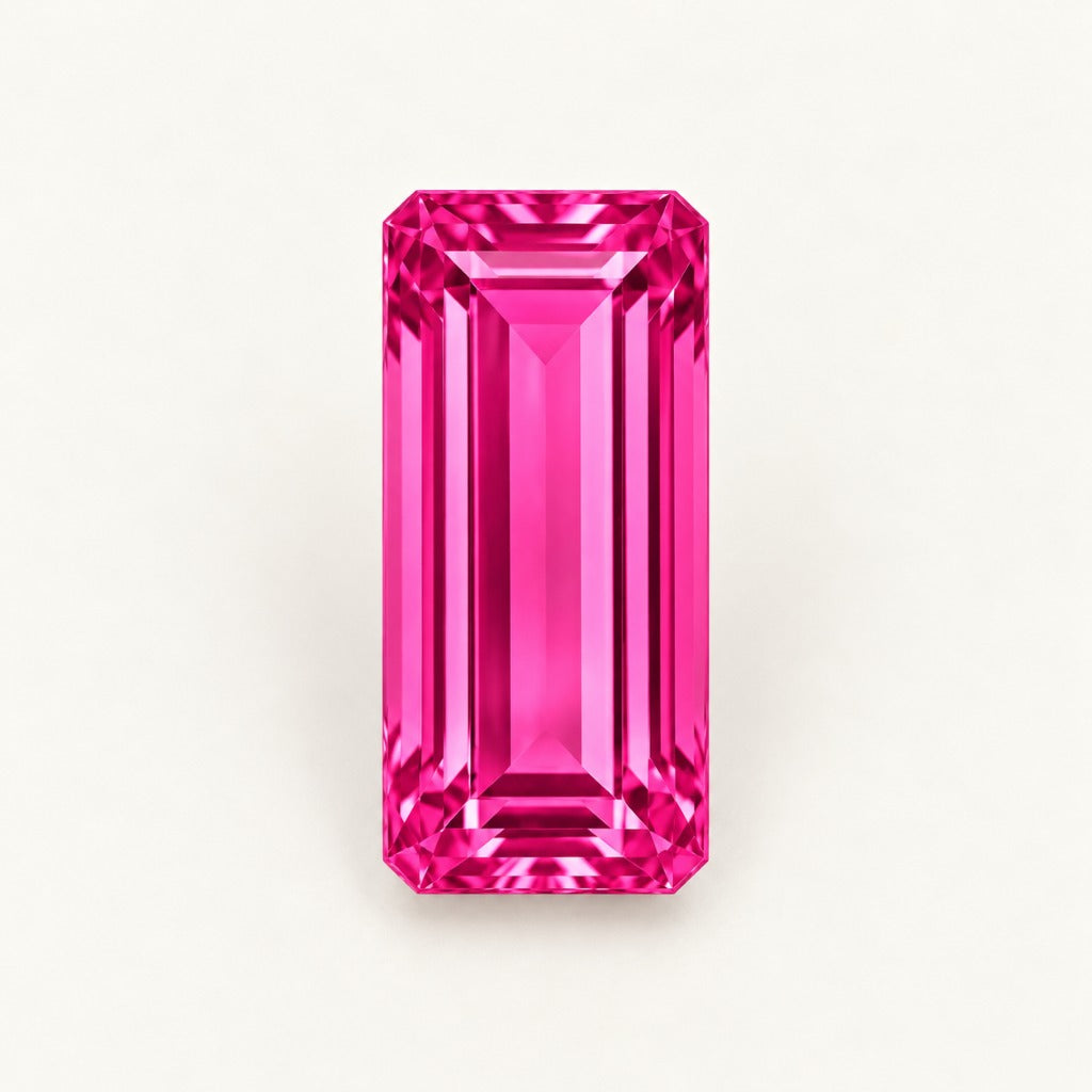 Vivid hot pink lab-grown sapphire, baguette cut