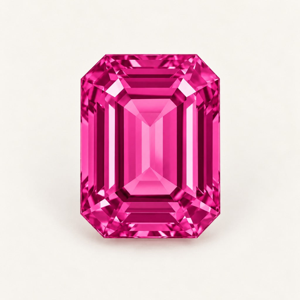 Vivid hot pink lab-grown sapphire, emerald cut