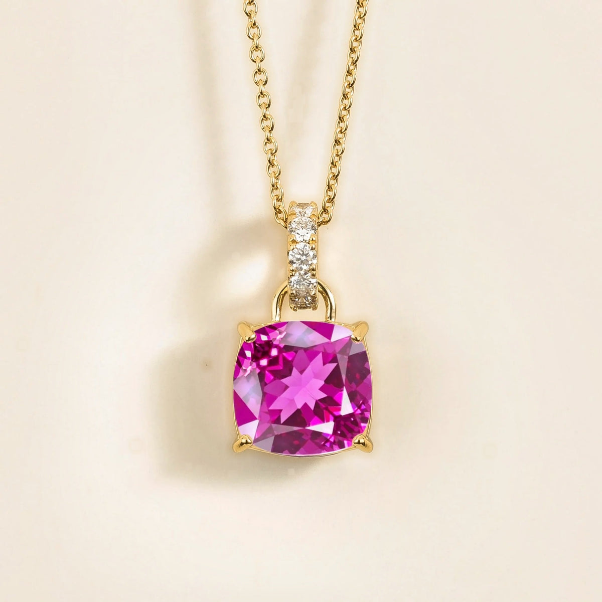 Cushion-Cut Vivid Pink Sapphire & Diamond Hoop Pendant Necklace in Gold