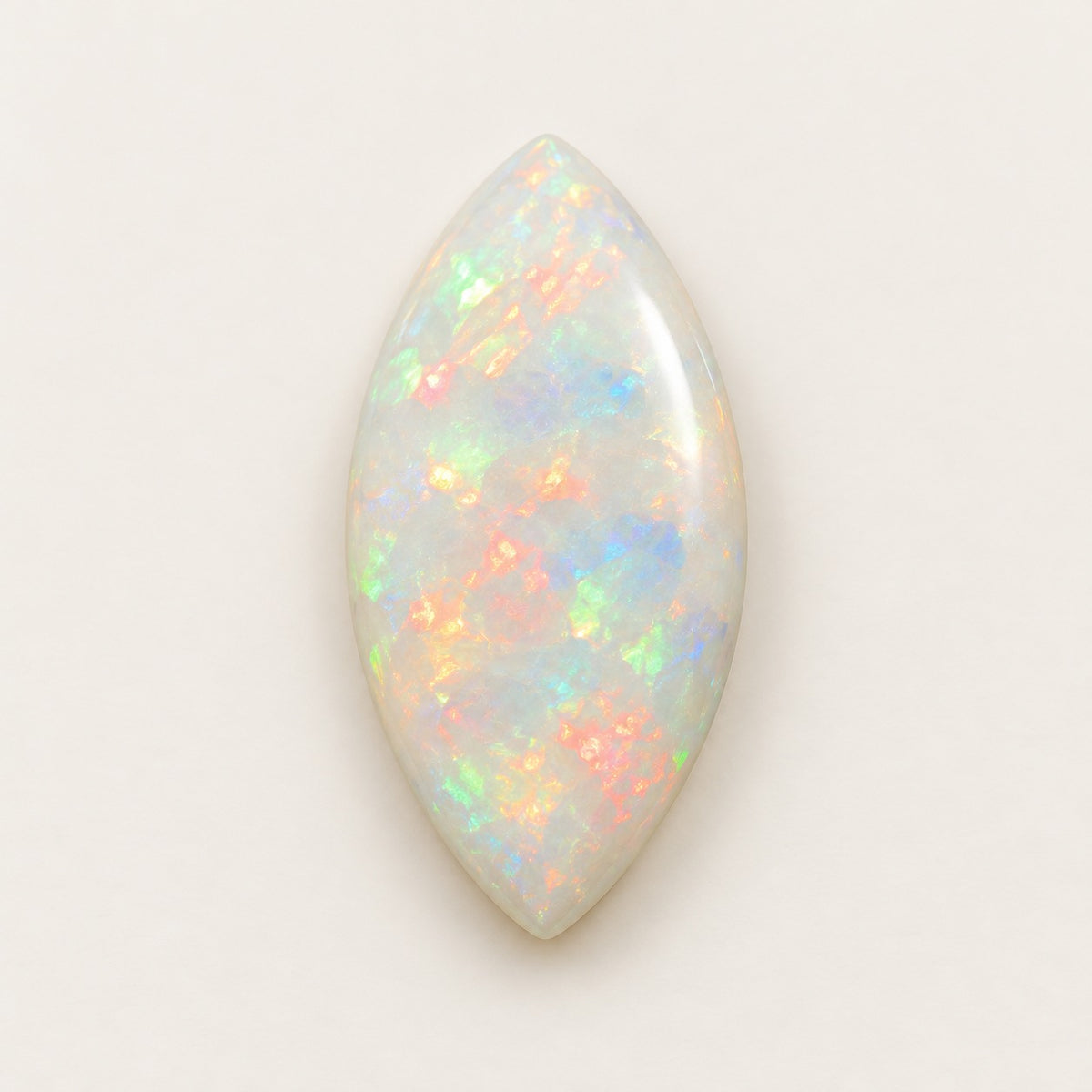 White lab-grown opal, marquise cabochon