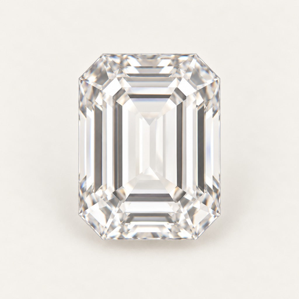 White lab-grown sapphire, emerald cut