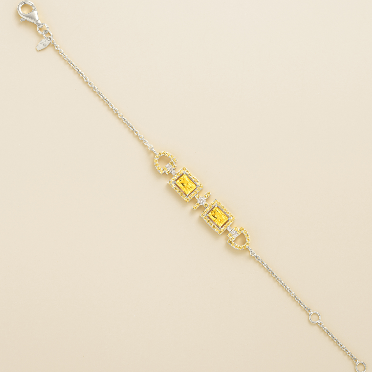 Ciceris yellow sapphire Art Deco halo bracelet in white gold, two emerald-cut lab-grown sapphires with diamonds, full length | Juvetti London
