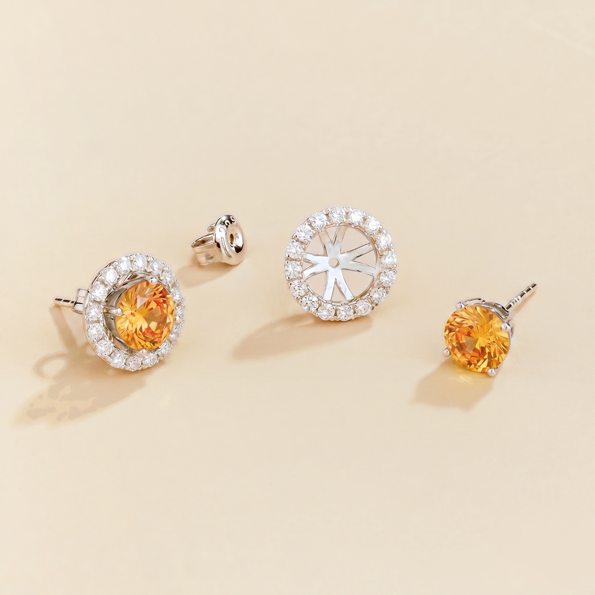 Floret round lab-grown yellow sapphire and diamond halo stud earrings in white gold – apart | Juvetti London