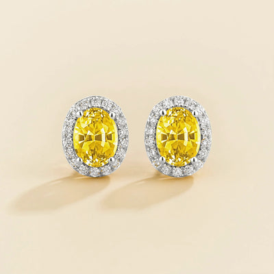 Mina Oval Yellow Sapphire & Diamond Halo Earrings in White Gold