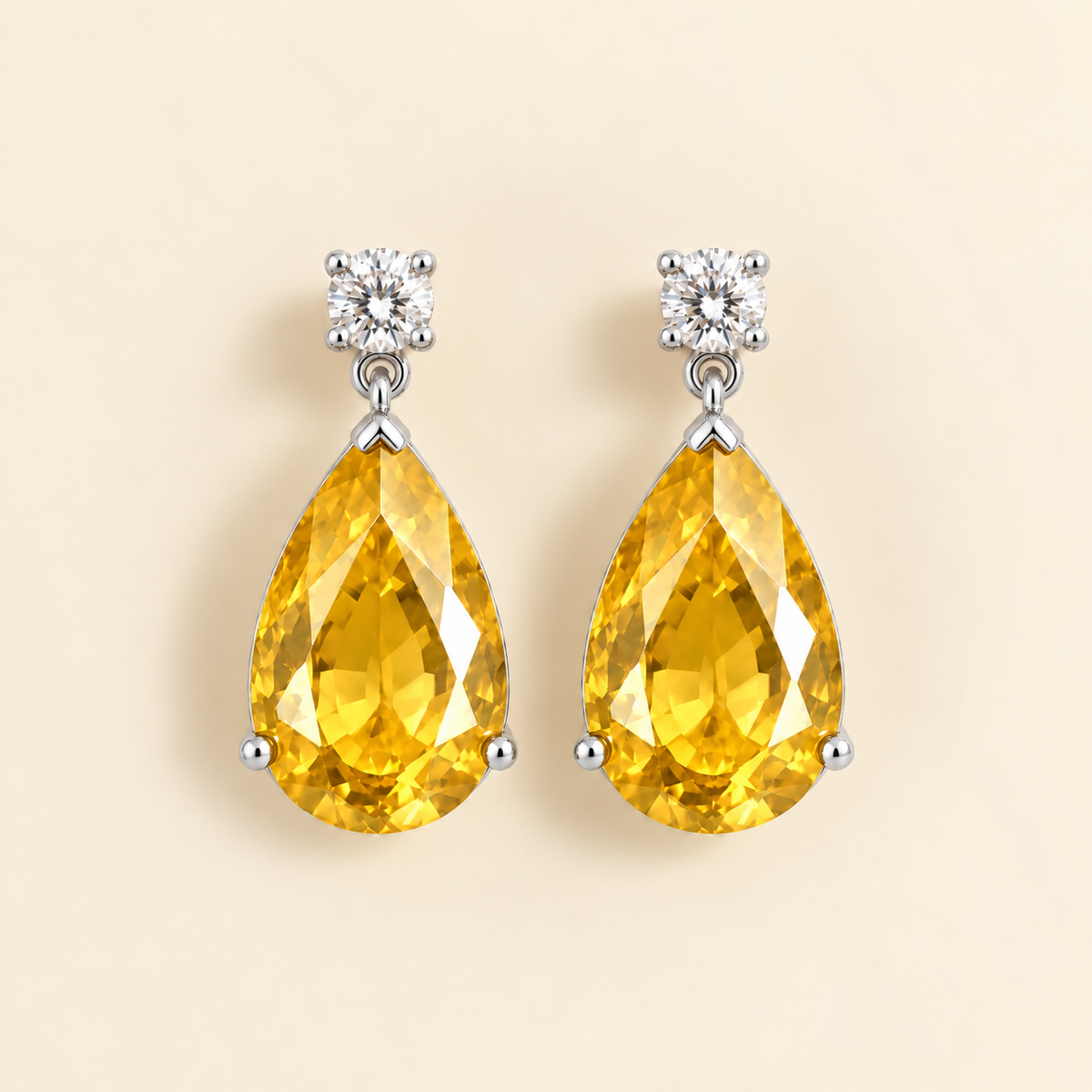 Pisa yellow sapphire and diamond large pear drop earrings in white gold