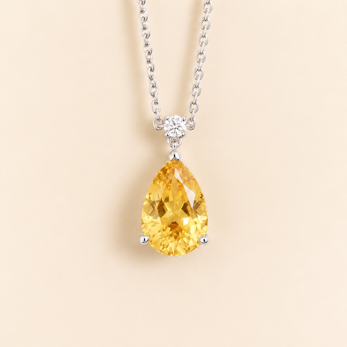 Pisa yellow sapphire and diamond large pear drop pendant necklace in white gold