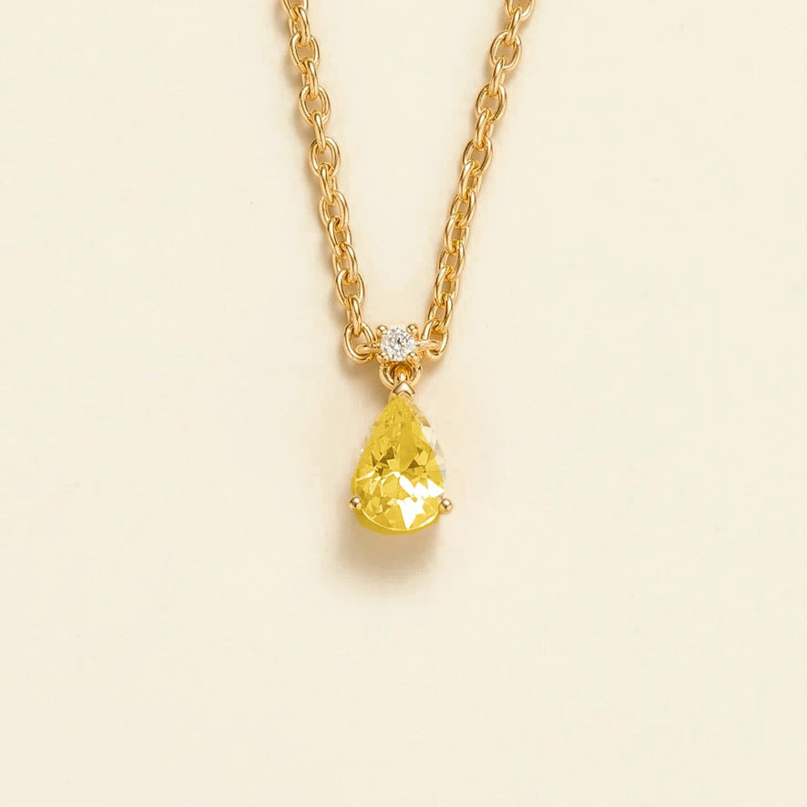 Lab-grown yellow sapphire and diamond pear drop pendant necklace in gold, small – front view | Pisa by Juvetti