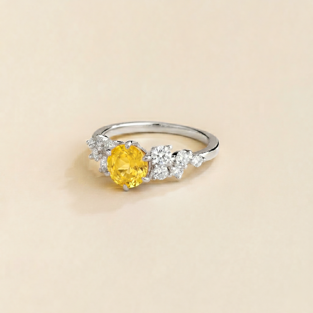 Floret round lab-grown yellow sapphire and diamond cluster ring in white gold – side | Juvetti London