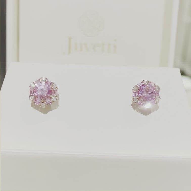 Melba hexagon earrings in 18K gold vermeil set with lab grown pink sapphire and diamond gem stones. Perfect for yourself and as gift.