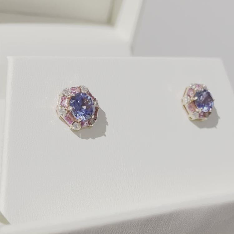 Video review of Melba Rose Gold Earrings Set With Pastel Blue Sapphire, Pink Sapphire and Diamond By Juvetti