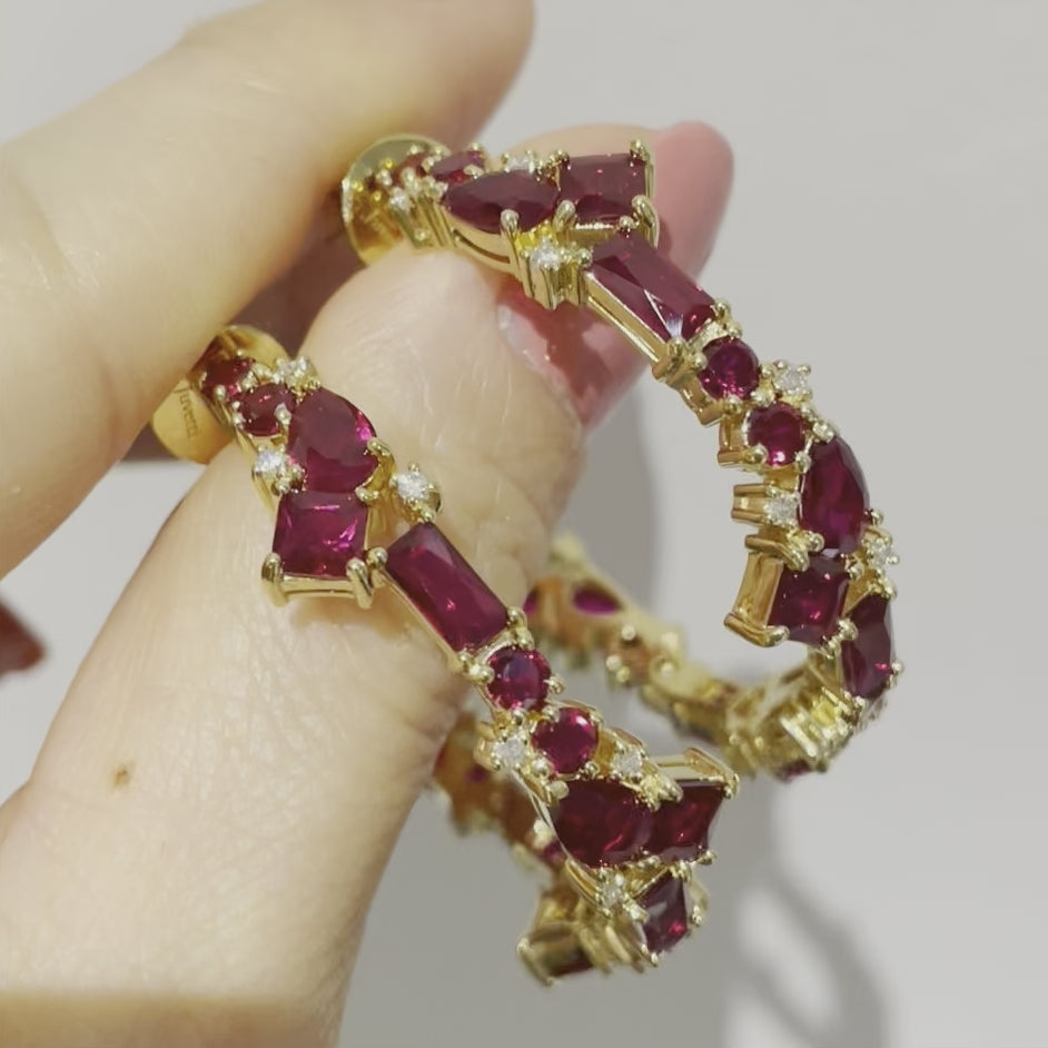 Lanna large hoop earrings in Ruby & Diamond set in Gold