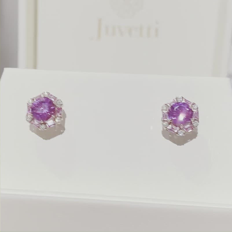 Melba hexagon earrings in 18K pink gold vermeil set with lab grown Purple sapphire, Pink sapphire and Diamond gem stones. Perfect for yourself and as gift.