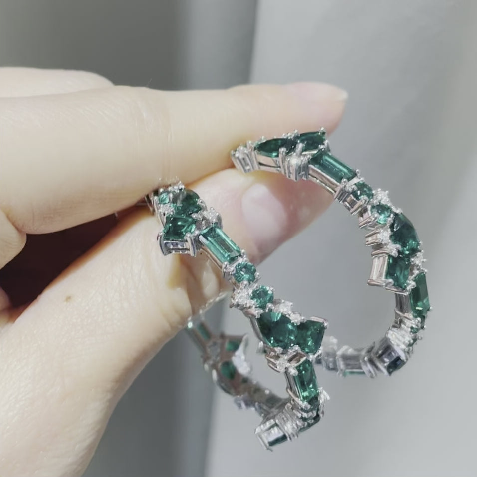 Lanna Large Hoop Earrings In Emerald and Diamond Set In White Gold By Bespoke Jewellery London
