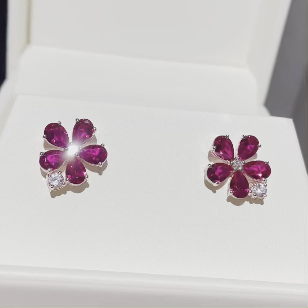 Florea earrings in Ruby, Pink Sapphire and Diamond set in Gold