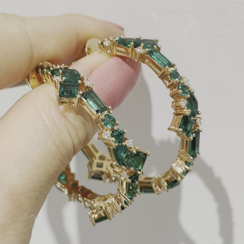 Lanna Large Hoop Earrings In Emerald & Diamond Set In Rose Gold