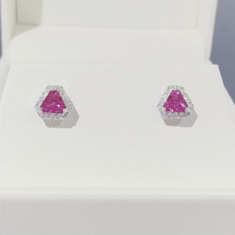 Diana earrings in 18K white gold vermeil set with lab grown diamond and dark pink sapphire gem stones. 