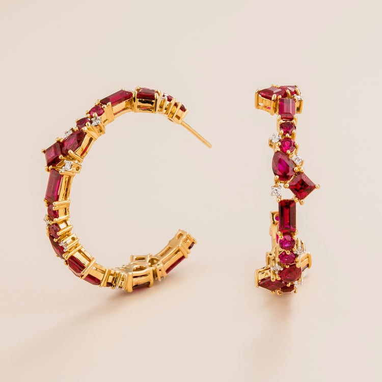 Lanna large hoop earrings in 18K gold vermeil set with lab grown diamonds and ruby gem stones. Perfect for yourself and as gift.