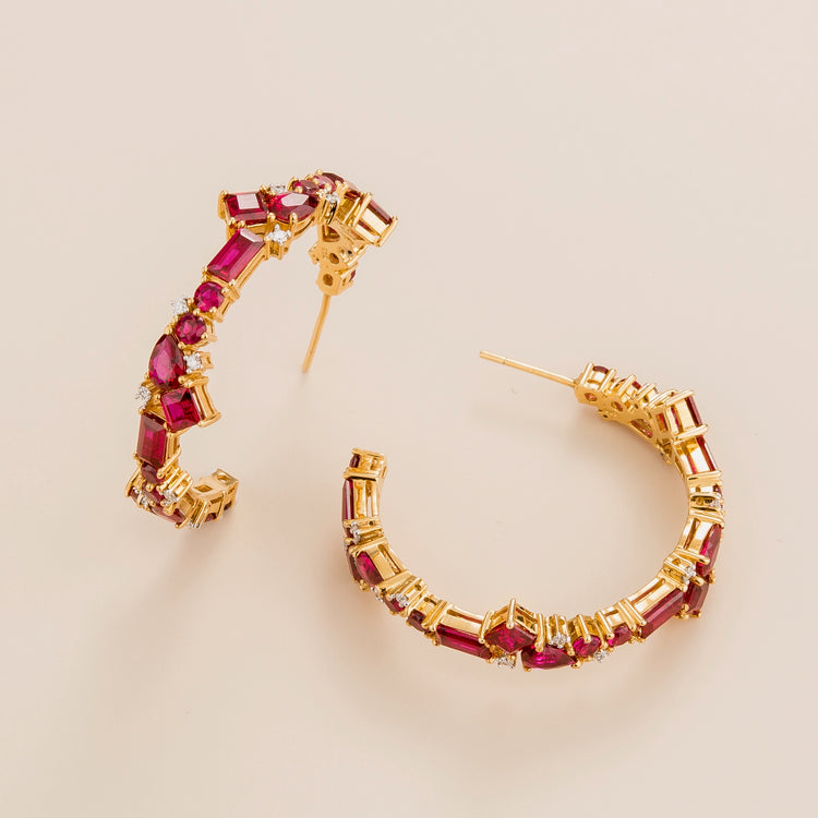 Lanna large hoop earrings in 18K gold vermeil set with lab grown diamonds and ruby gem stones. Perfect for yourself and as gift.