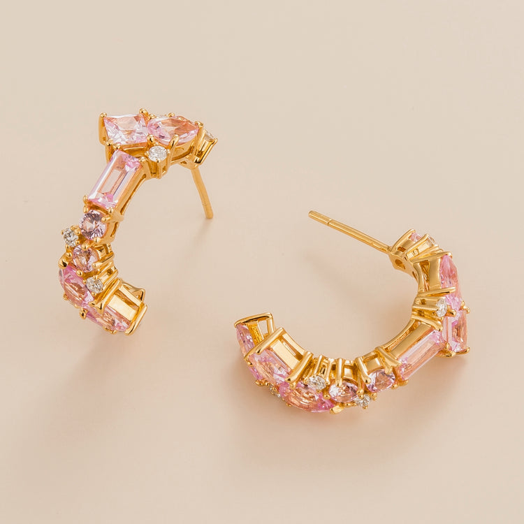 Lanna medium hoop earrings in 18k gold vermeil set with lab grown pink sapphire and diamond gem stones. Perfect for yourself and as gift.