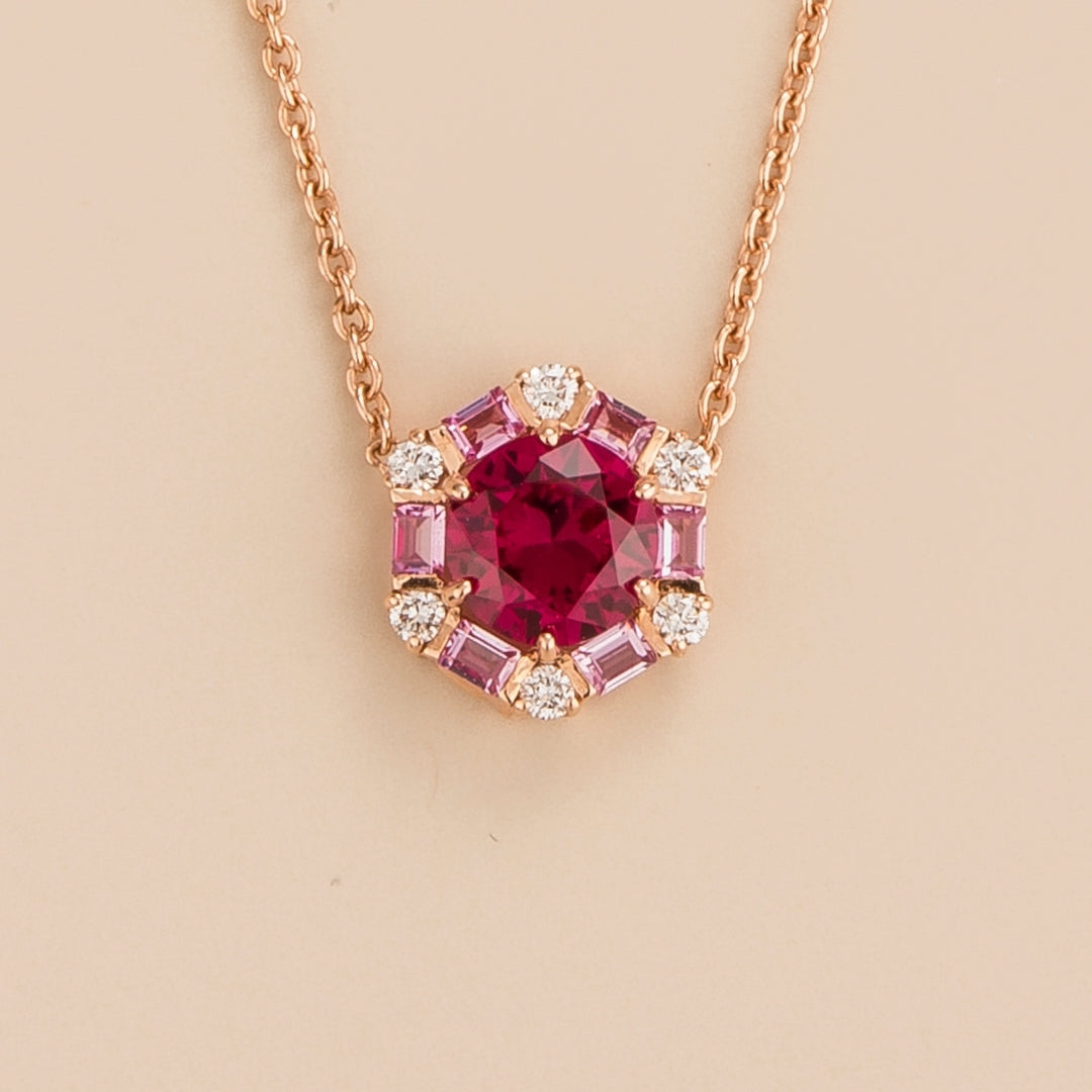 Melba hexagon necklace in 18K pink gold vermeil set with lab grown Ruby, Pink sapphire and Diamond gem stones. Jewellery made with lab grown diamond, ruby, sapphire and emerald.