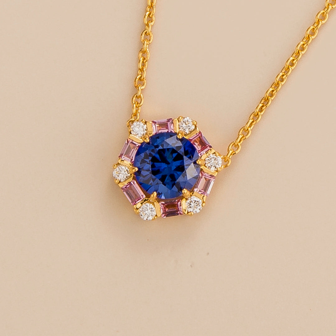 Melba necklace in Blue sapphire, Pink sapphire and Diamond set in Gold