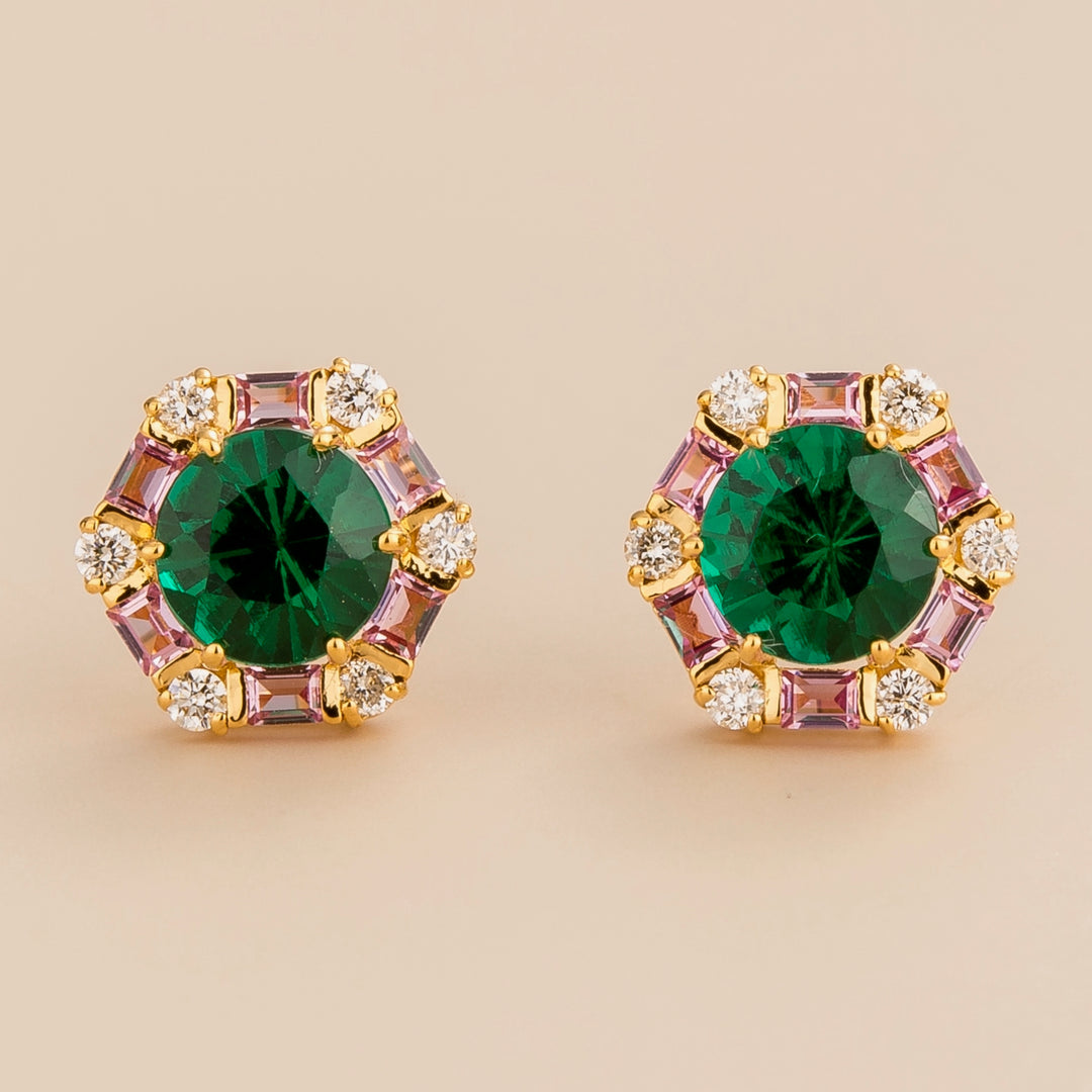 Melba hexagon earrings in 18K gold vermeil set with lab grown Emerald, Pink sapphire and Diamond gem stones. Perfect for yourself and as gift.